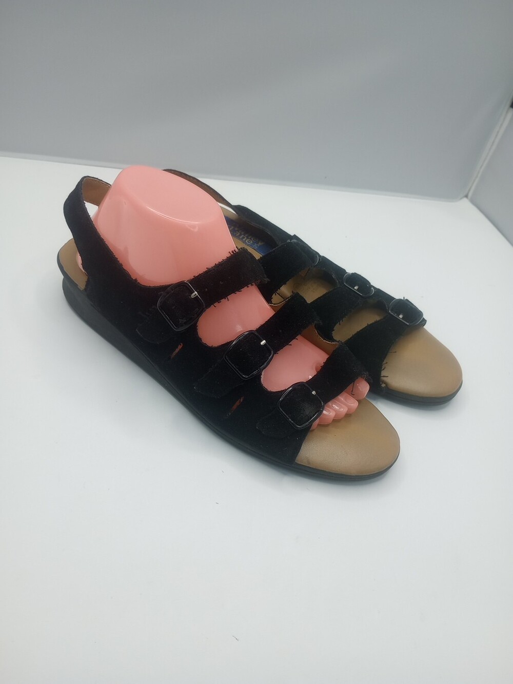 VTG 90s Women's 11W Valley Lane Comfortable BLACK Suede Leather Strap Sandles